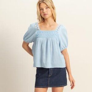 HYFVE Crochet Detail Puff Sleeve Peasant Top